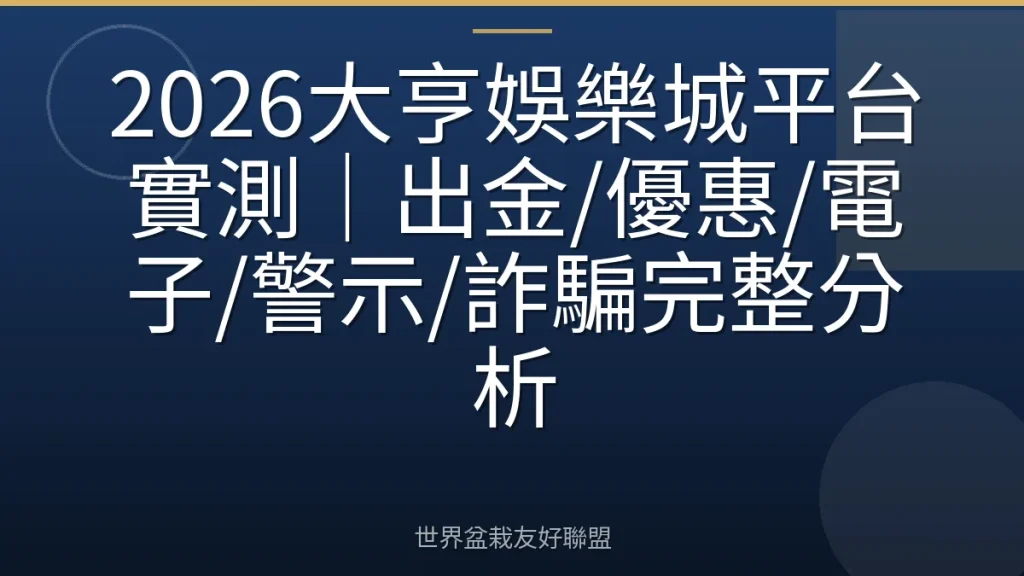 2026大亨娛樂城平台實測|出金/優惠/電子/警示/詐騙完整分析